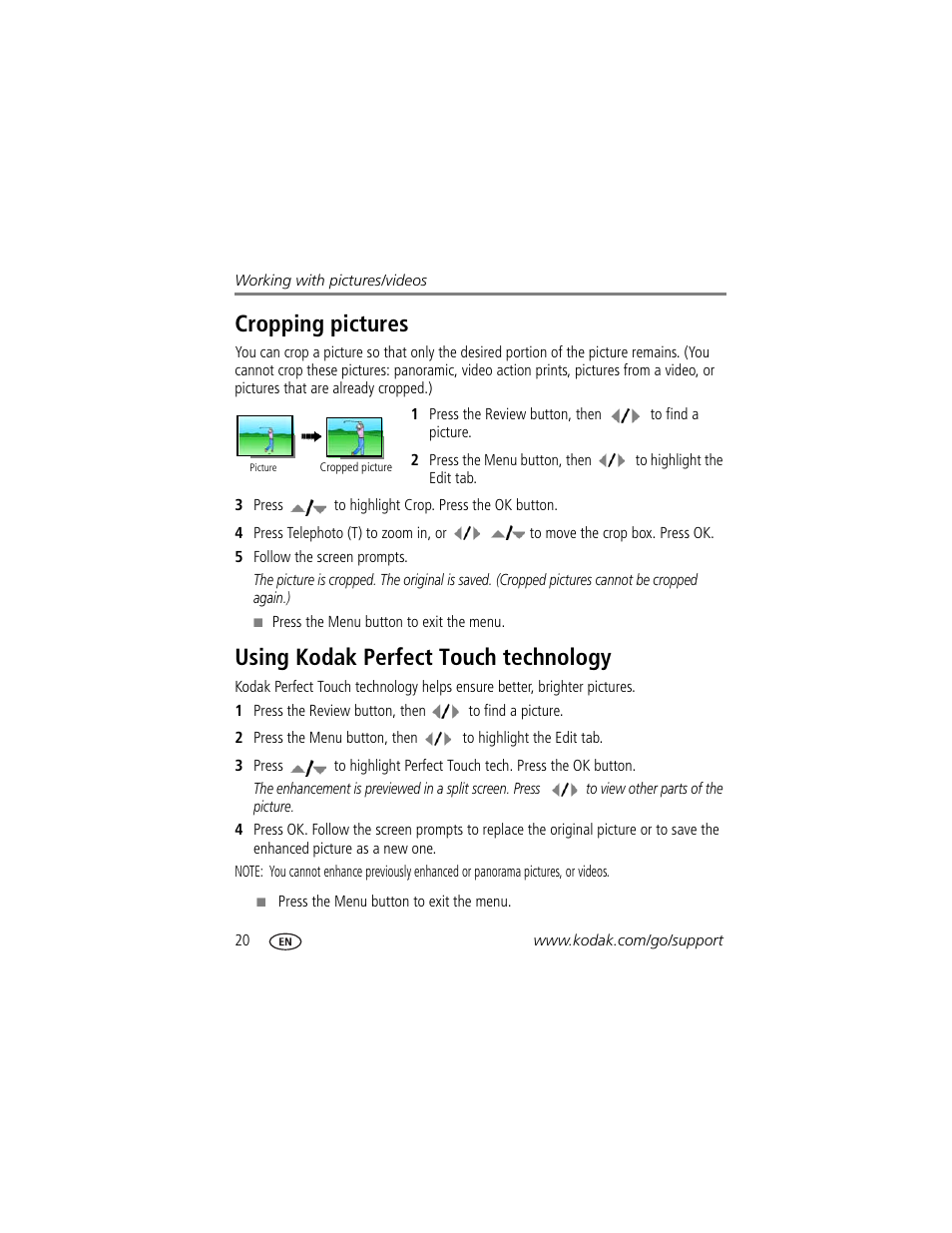 Using kodak perfect touch technology, Cropping pictures | Kodak ZD8612 IS User Manual | Page 26 / 76