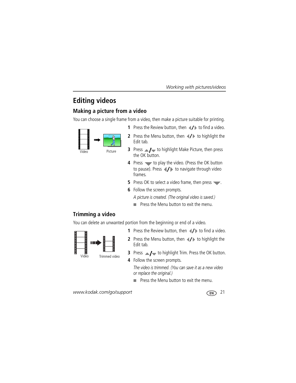 Making a picture from a video, Trimming a video, Editing videos | Kodak ZD8612 IS User Manual | Page 27 / 76