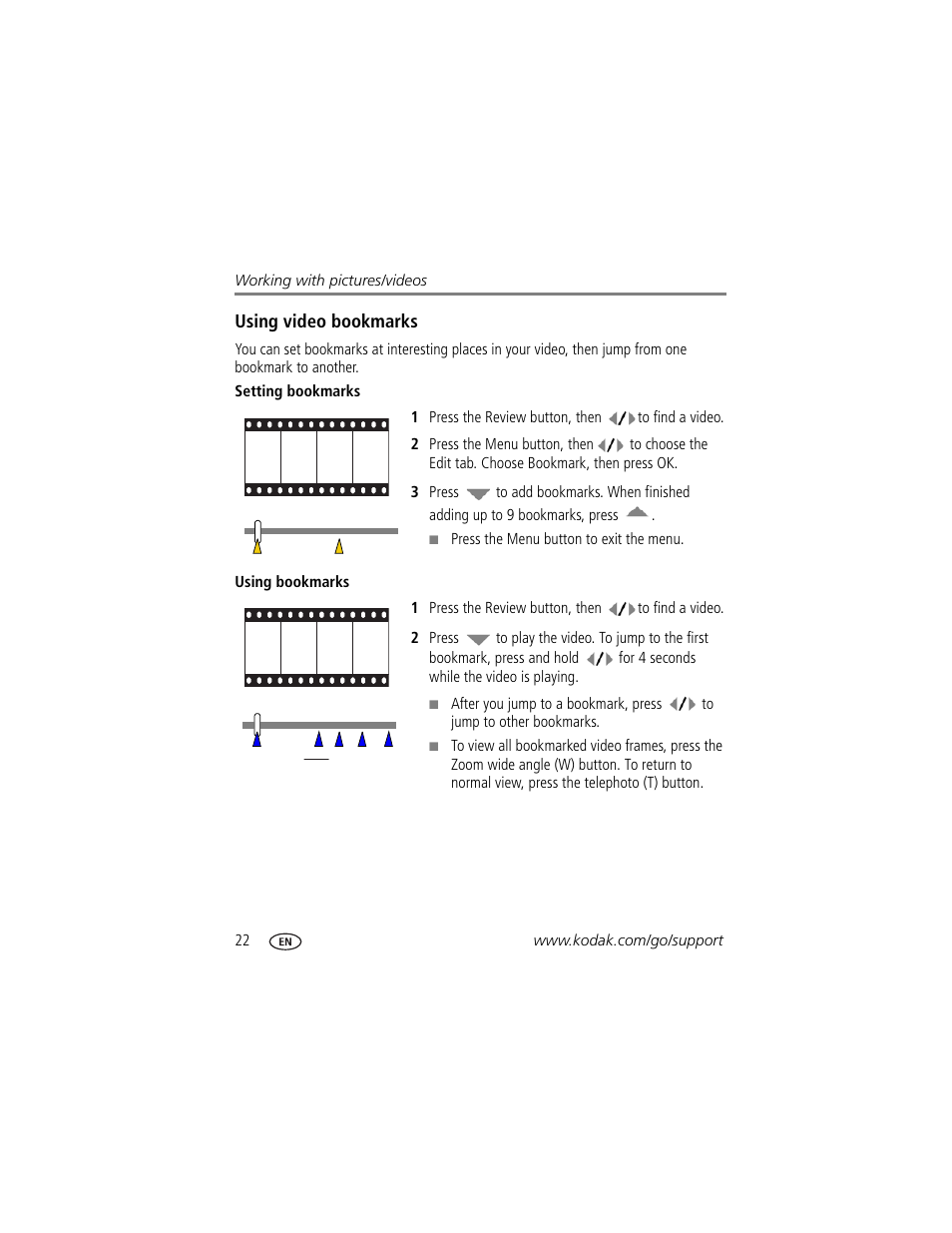 Setting bookmarks, Using bookmarks | Kodak ZD8612 IS User Manual | Page 28 / 76