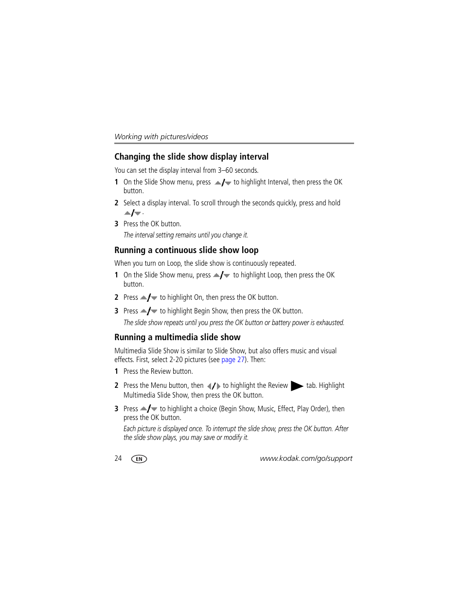 Running a continuous slide show loop, Running a multimedia slide show | Kodak ZD8612 IS User Manual | Page 30 / 76