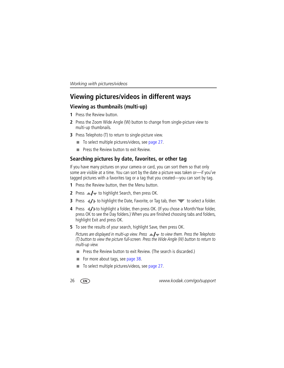 Viewing as thumbnails (multi-up), Viewing pictures/videos in different ways | Kodak ZD8612 IS User Manual | Page 32 / 76