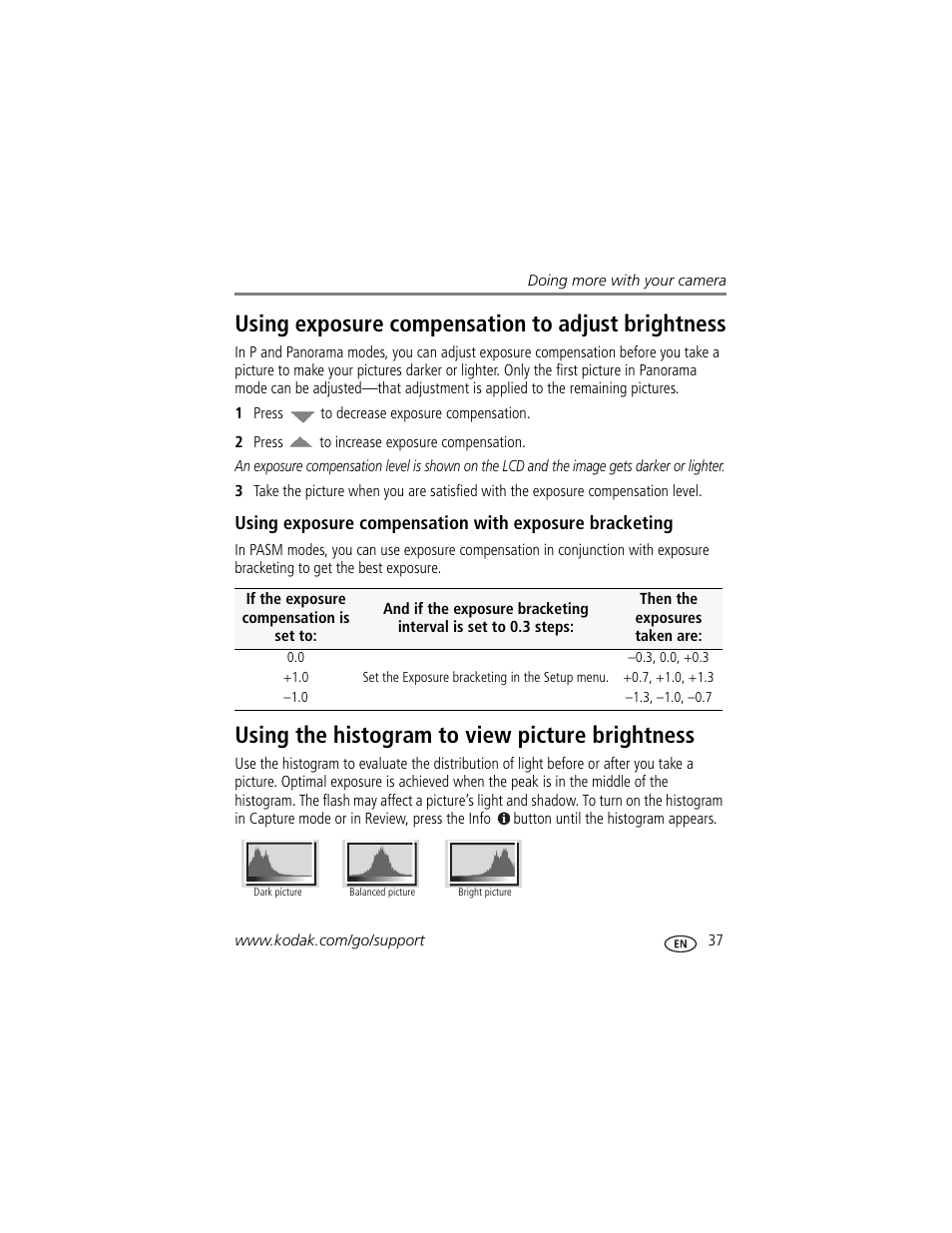 Using the histogram to view picture brightness, Using exposure compensation to adjust brightness | Kodak ZD8612 IS User Manual | Page 43 / 76