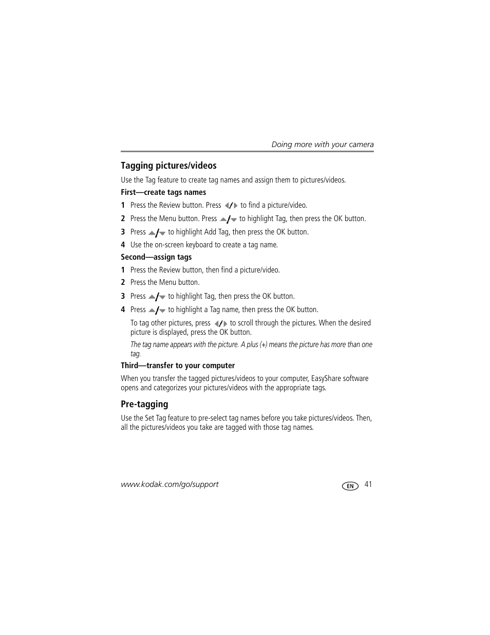 First—create tags names, Second—assign tags, Third—transfer to your computer | Pre-tagging | Kodak ZD8612 IS User Manual | Page 47 / 76