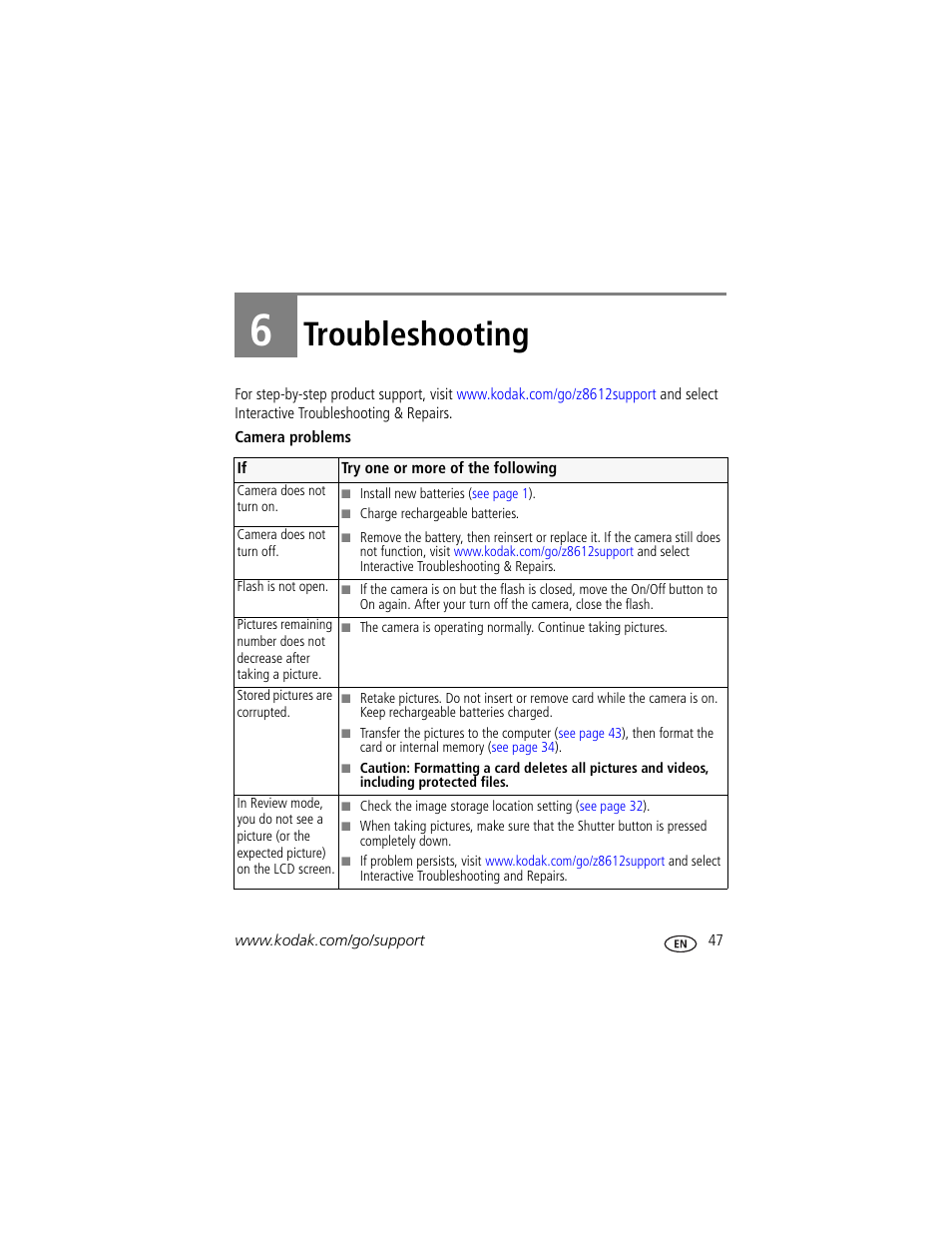 Troubleshooting, 6 troubleshooting | Kodak ZD8612 IS User Manual | Page 53 / 76