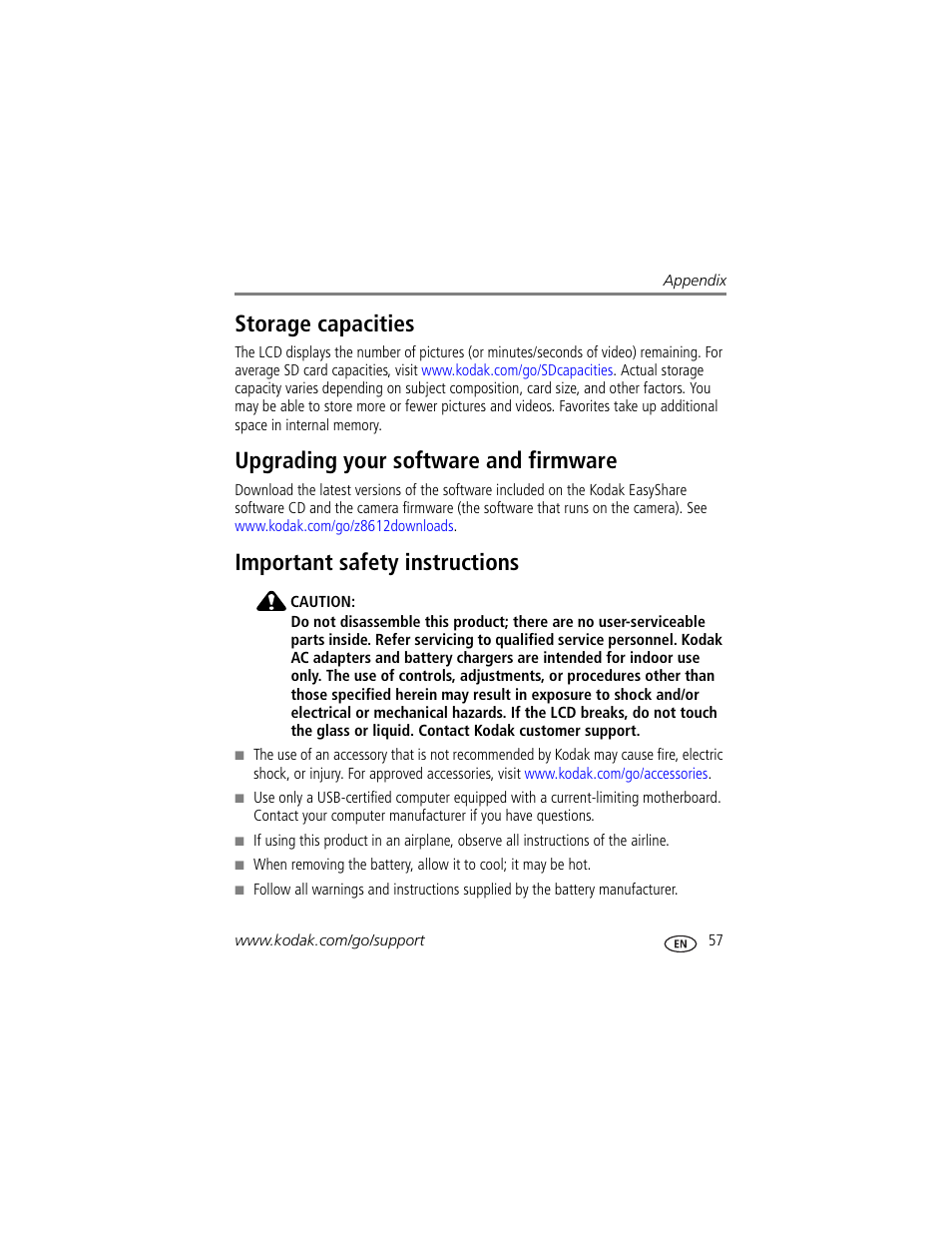 Upgrading your software and firmware, Important safety instructions, Storage capacities | Kodak ZD8612 IS User Manual | Page 63 / 76