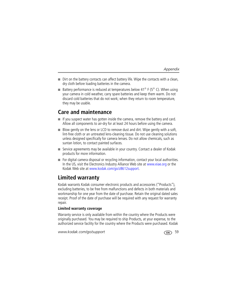 Care and maintenance, Limited warranty, Care and maintenance limited warranty | E lens | Kodak ZD8612 IS User Manual | Page 65 / 76