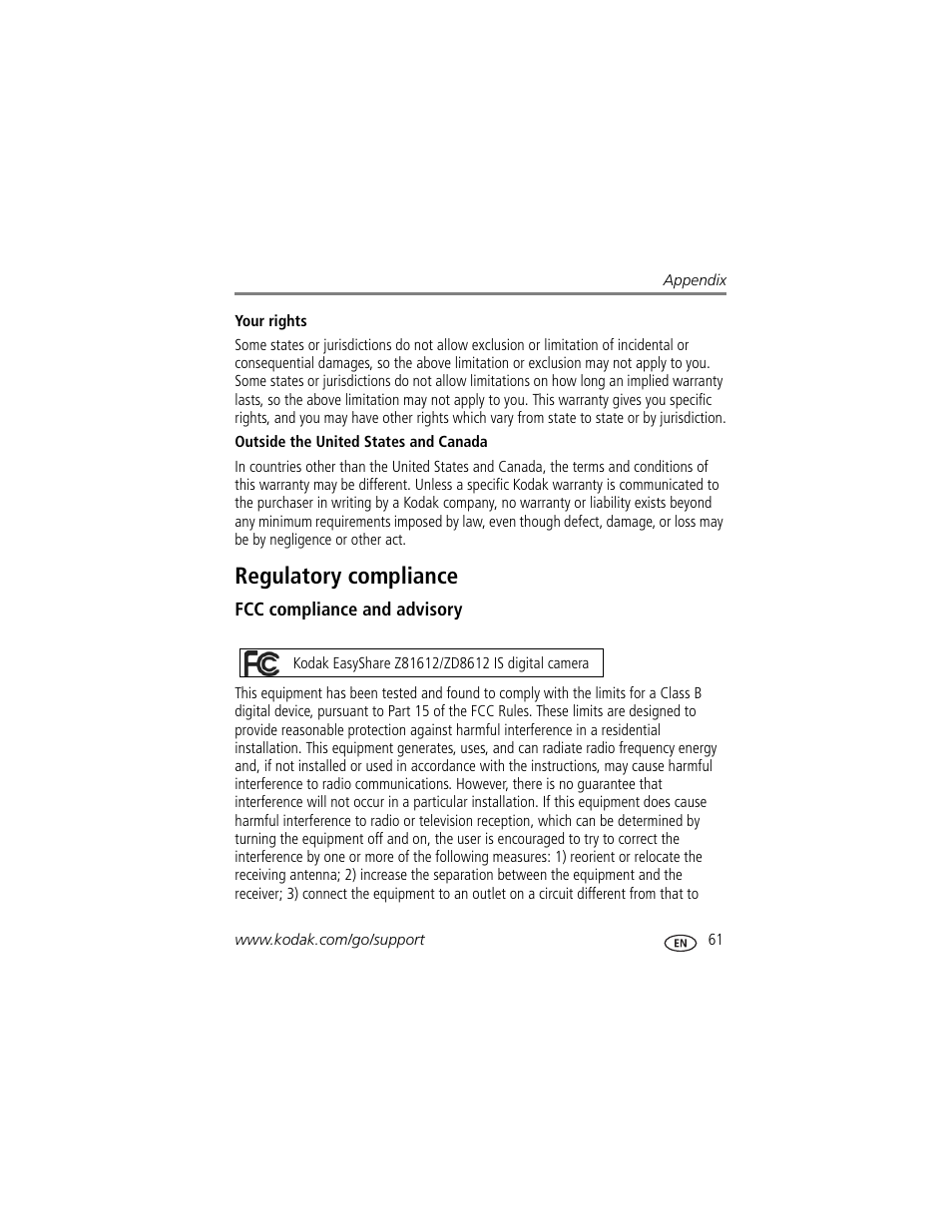 Regulatory compliance, Fcc compliance and advisory | Kodak ZD8612 IS User Manual | Page 67 / 76