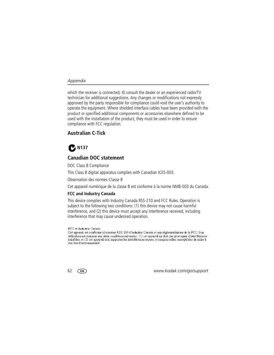 Australian c-tick, Canadian doc statement, Fcc and industry canada | Kodak ZD8612 IS User Manual | Page 68 / 76