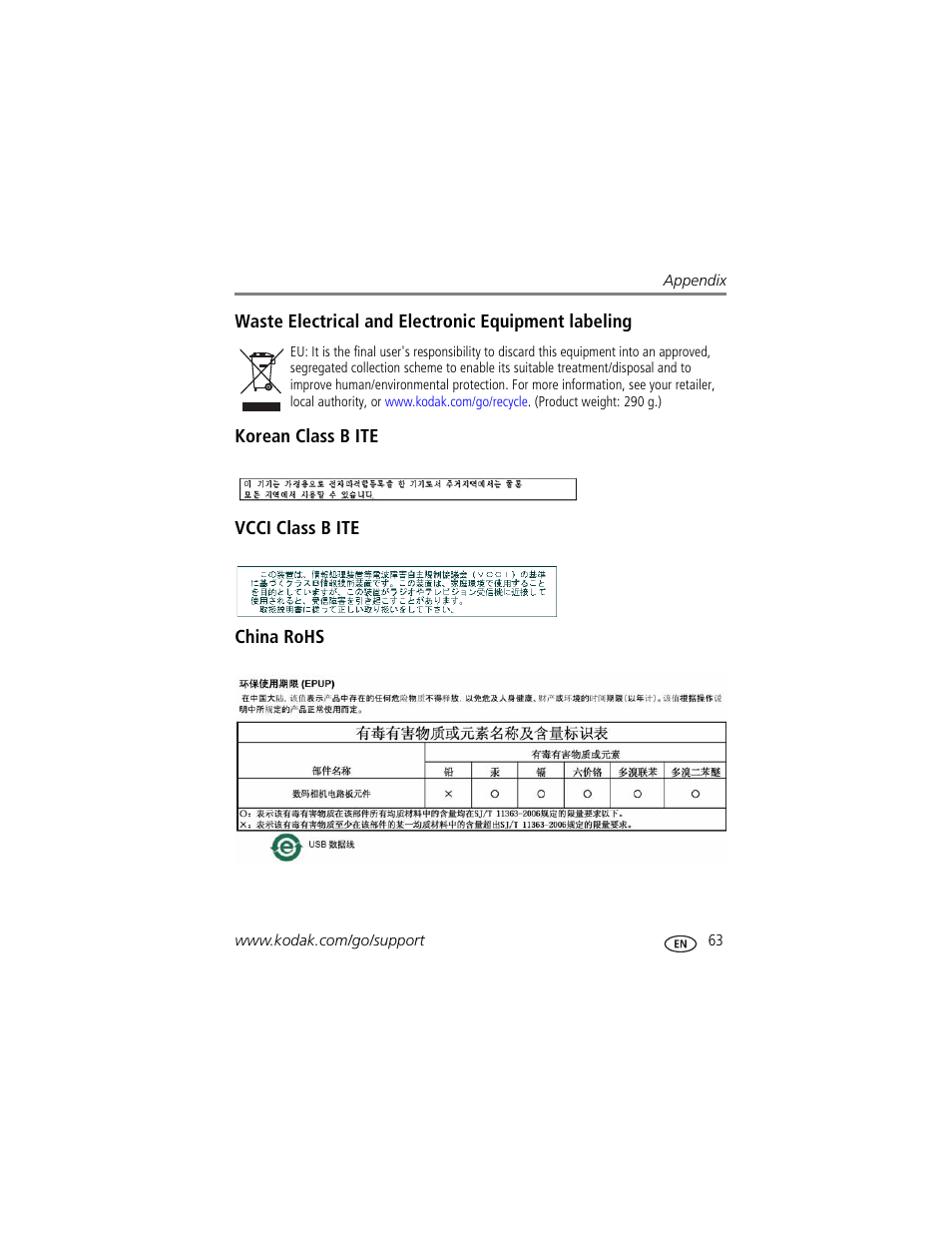 Waste electrical and electronic equipment labeling, Korean class b ite, Vcci class b ite | China rohs | Kodak ZD8612 IS User Manual | Page 69 / 76