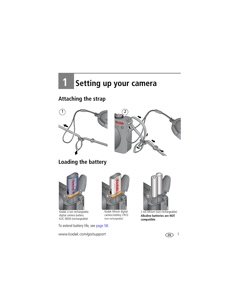 Setting up your camera, Attaching the strap, Loading the battery | 1 setting up your camera, Attaching the strap loading the battery | Kodak ZD8612 IS User Manual | Page 7 / 76