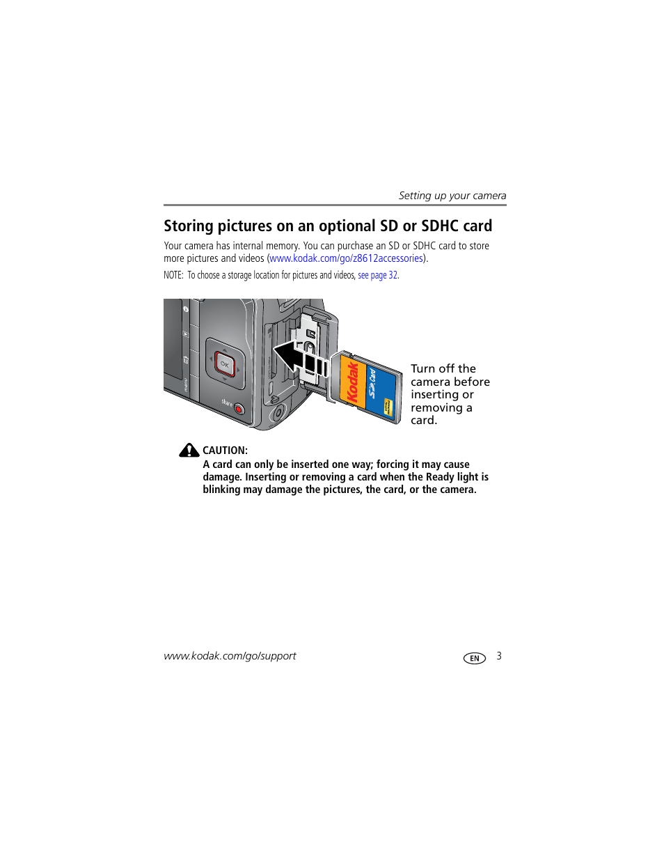 Storing pictures on an optional sd or sdhc card | Kodak ZD8612 IS User Manual | Page 9 / 76