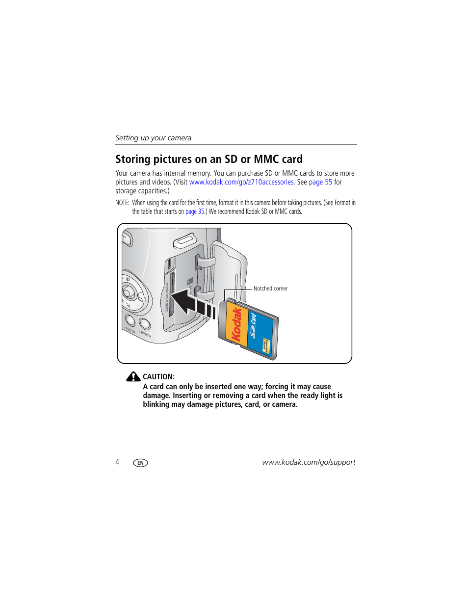 Storing pictures on an sd or mmc card | Kodak Z710 User Manual | Page 10 / 74
