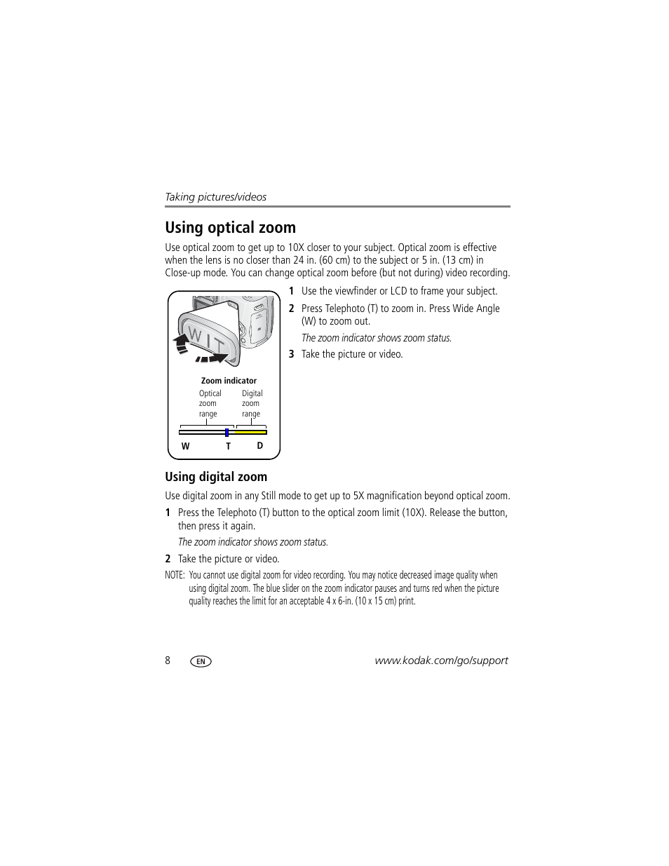 Using optical zoom, Using digital zoom | Kodak Z710 User Manual | Page 14 / 74