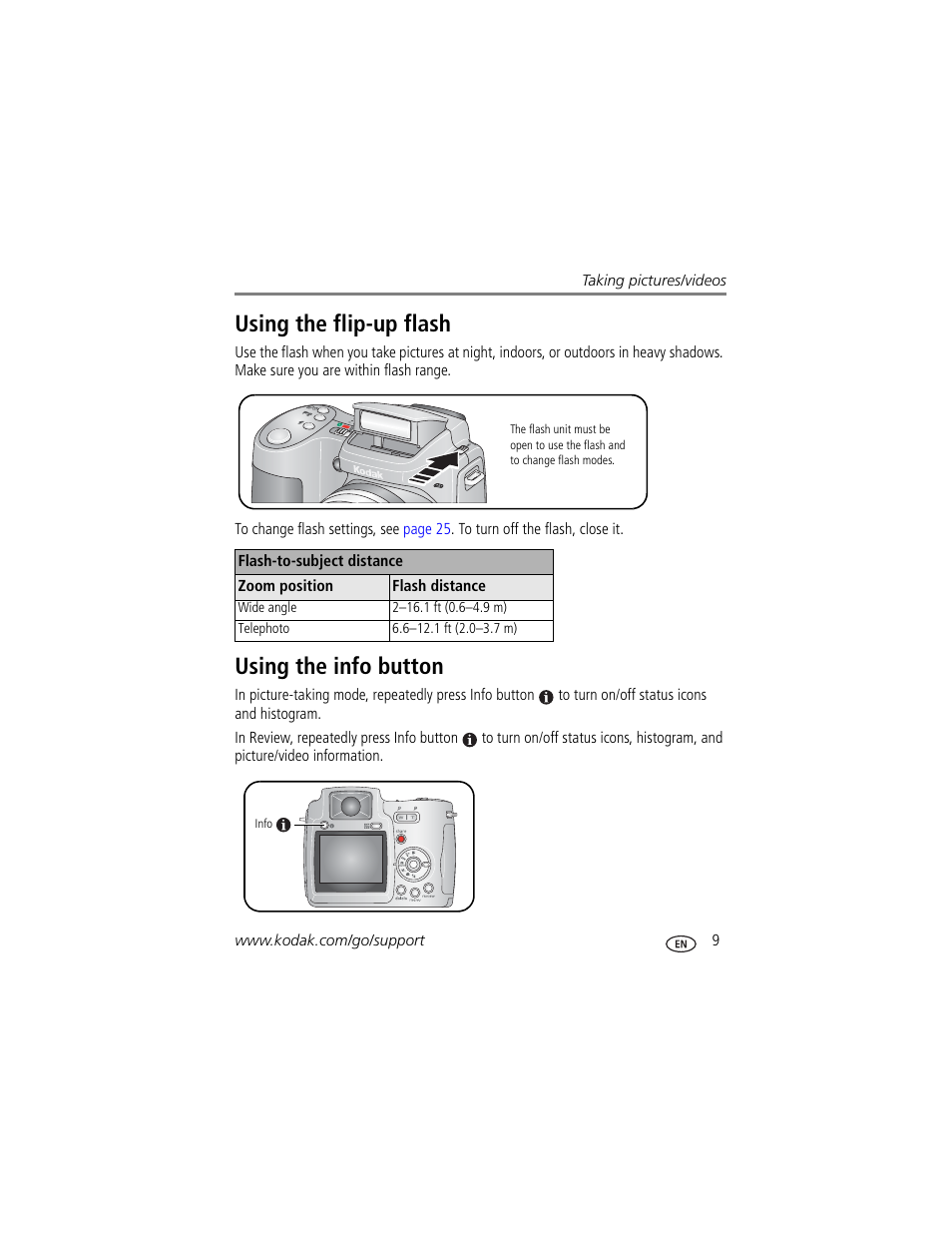 Using the flip-up flash, Using the info button, Using the flip-up flash using the info button | Kodak Z710 User Manual | Page 15 / 74