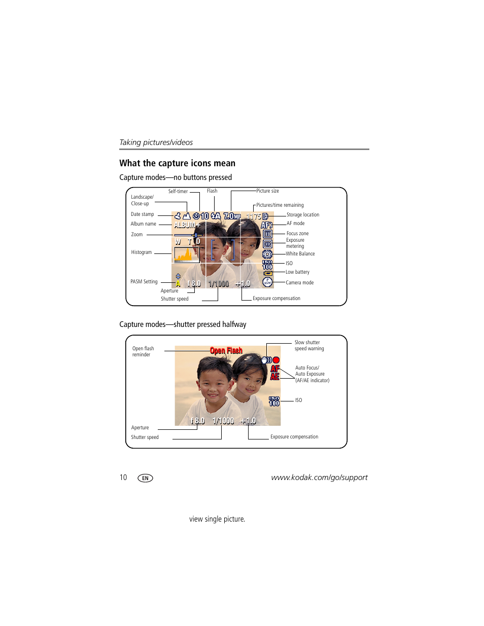 What the capture icons mean, View single picture | Kodak Z710 User Manual | Page 16 / 74