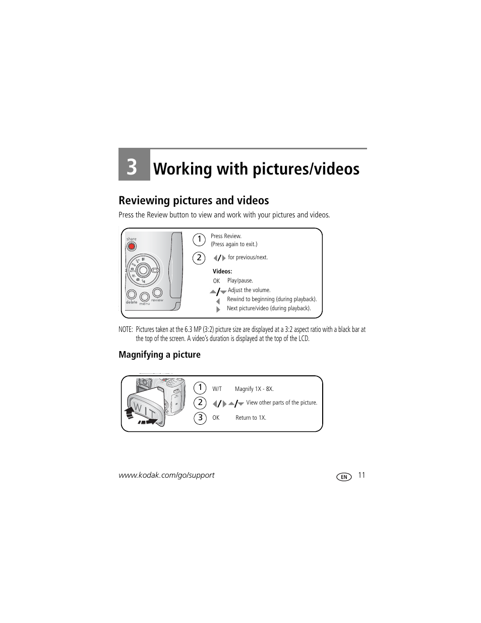 Working with pictures/videos, Reviewing pictures and videos, Magnifying a picture | 3 working with pictures/videos | Kodak Z710 User Manual | Page 17 / 74
