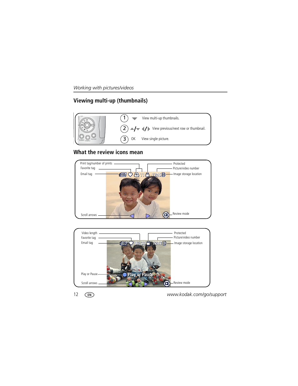 Viewing multi-up (thumbnails), What the review icons mean | Kodak Z710 User Manual | Page 18 / 74