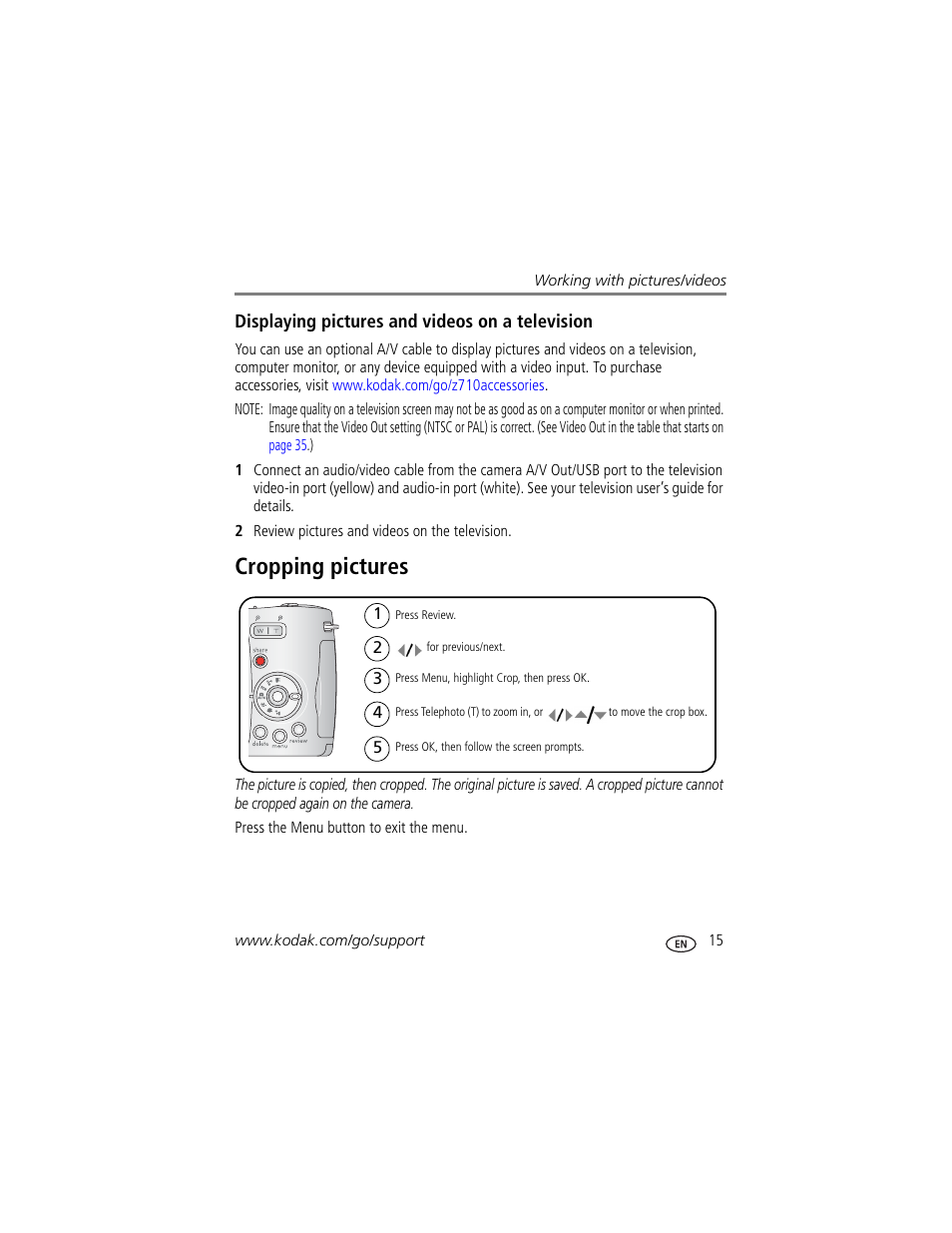 Displaying pictures and videos on a television, Cropping pictures | Kodak Z710 User Manual | Page 21 / 74