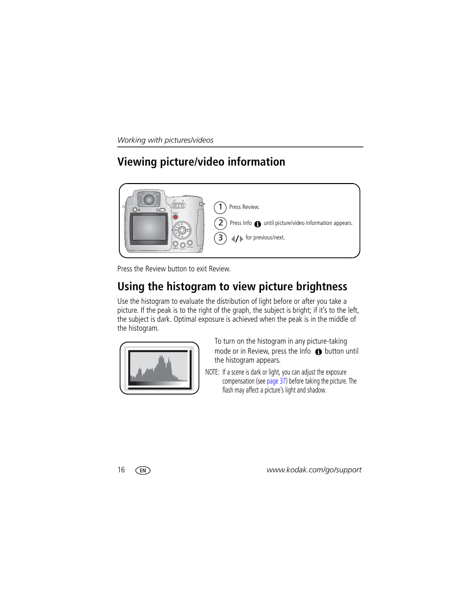 Viewing picture/video information, Using the histogram to view picture brightness | Kodak Z710 User Manual | Page 22 / 74