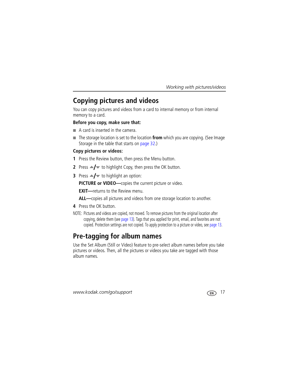 Copying pictures and videos, Pre-tagging for album names | Kodak Z710 User Manual | Page 23 / 74