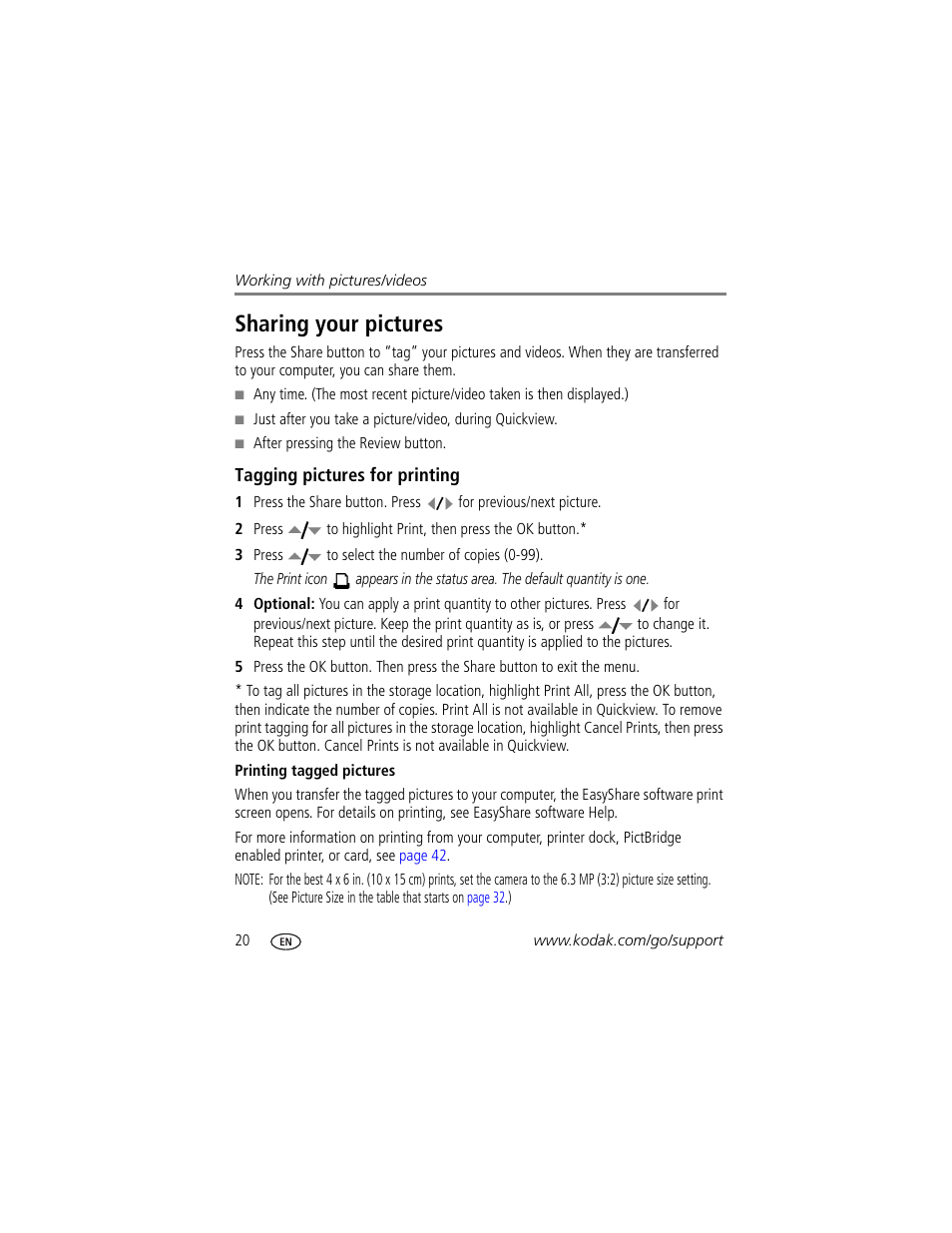 Sharing your pictures, Tagging pictures for printing, Printing tagged pictures | Kodak Z710 User Manual | Page 26 / 74