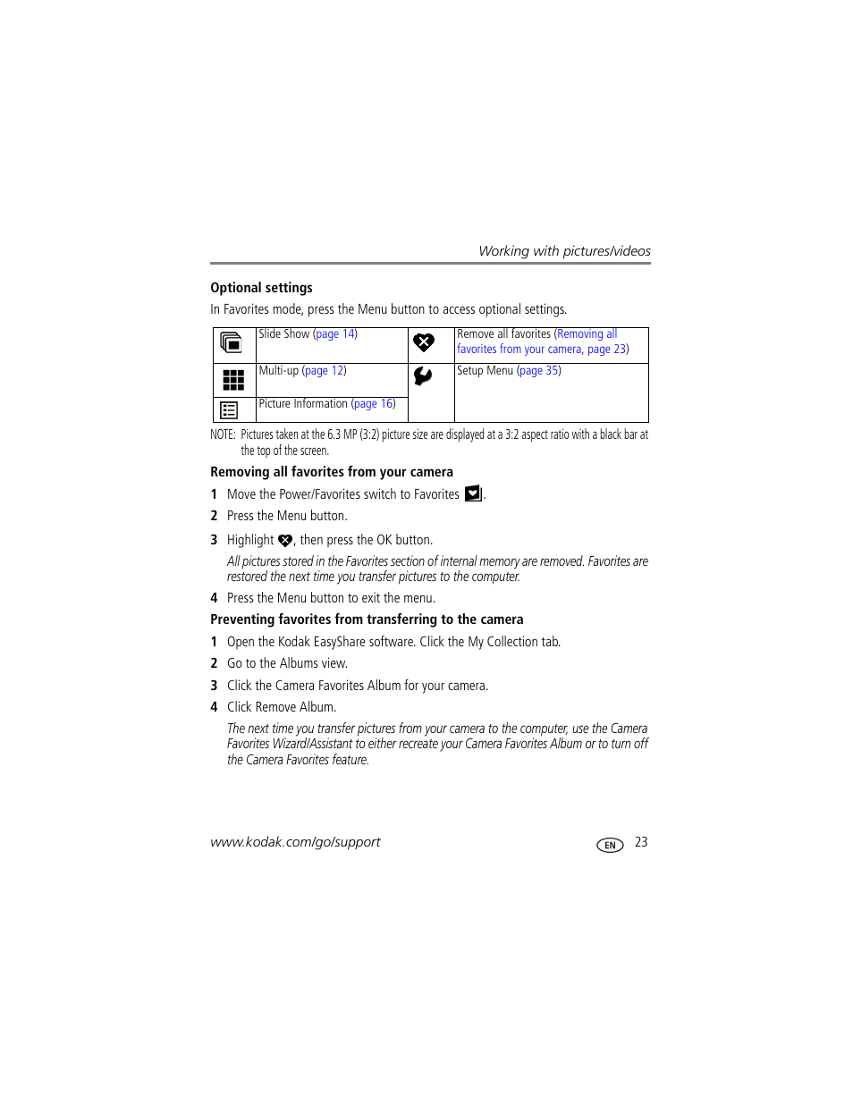Optional settings, Removing all favorites from your camera | Kodak Z710 User Manual | Page 29 / 74