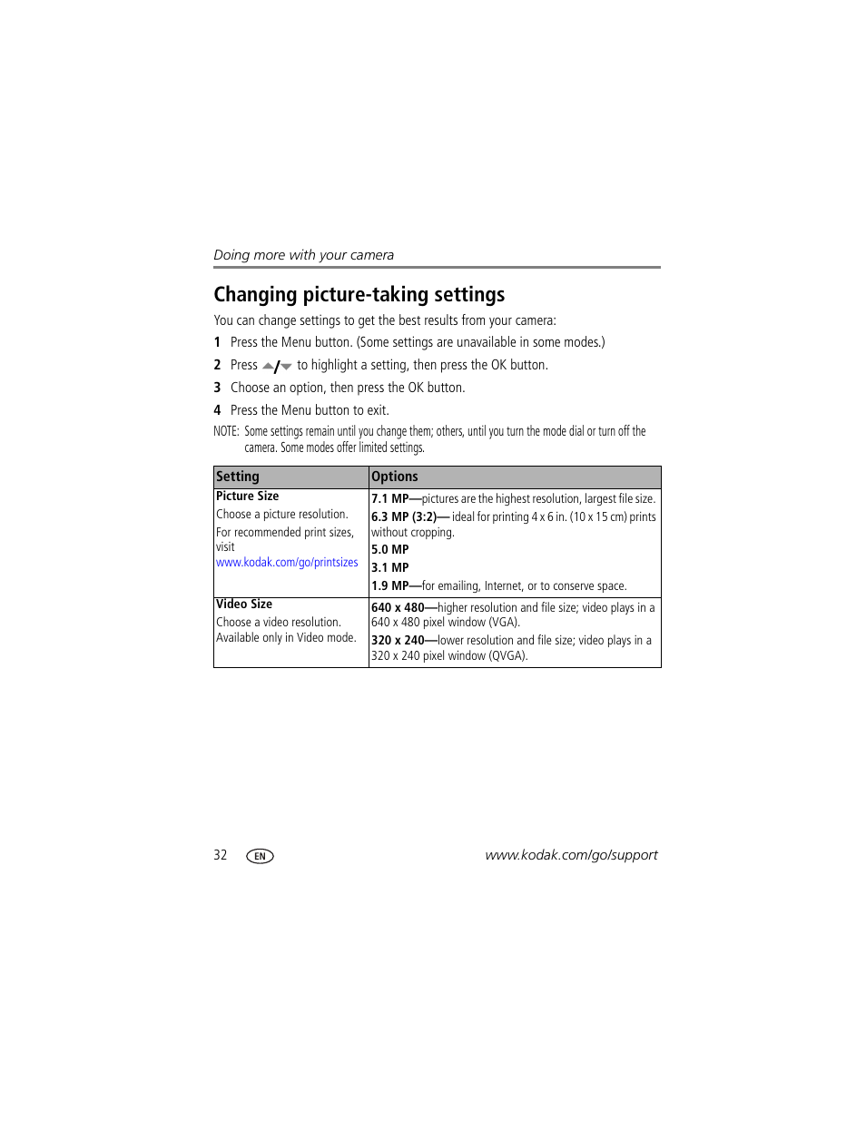 Changing picture-taking settings, Age in the table that starts on | Kodak Z710 User Manual | Page 38 / 74