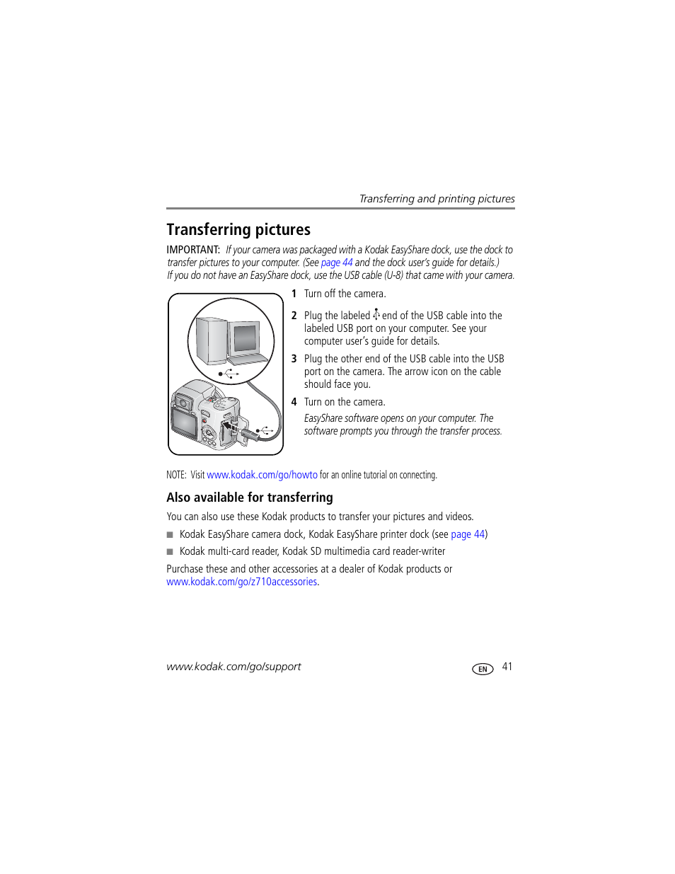Transferring pictures, Also available for transferring | Kodak Z710 User Manual | Page 47 / 74