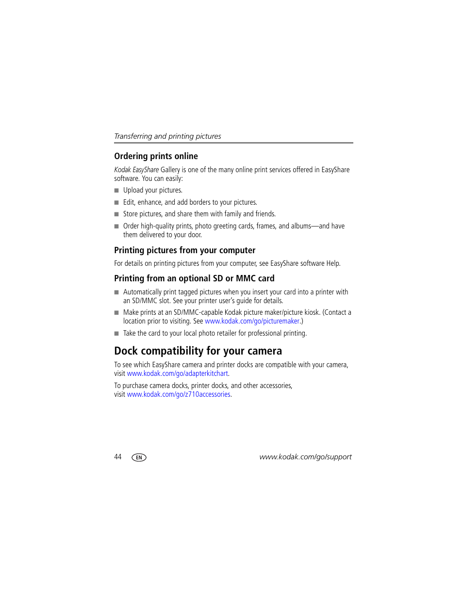 Ordering prints online, Printing pictures from your computer, Printing from an optional sd or mmc card | Dock compatibility for your camera, And the | Kodak Z710 User Manual | Page 50 / 74
