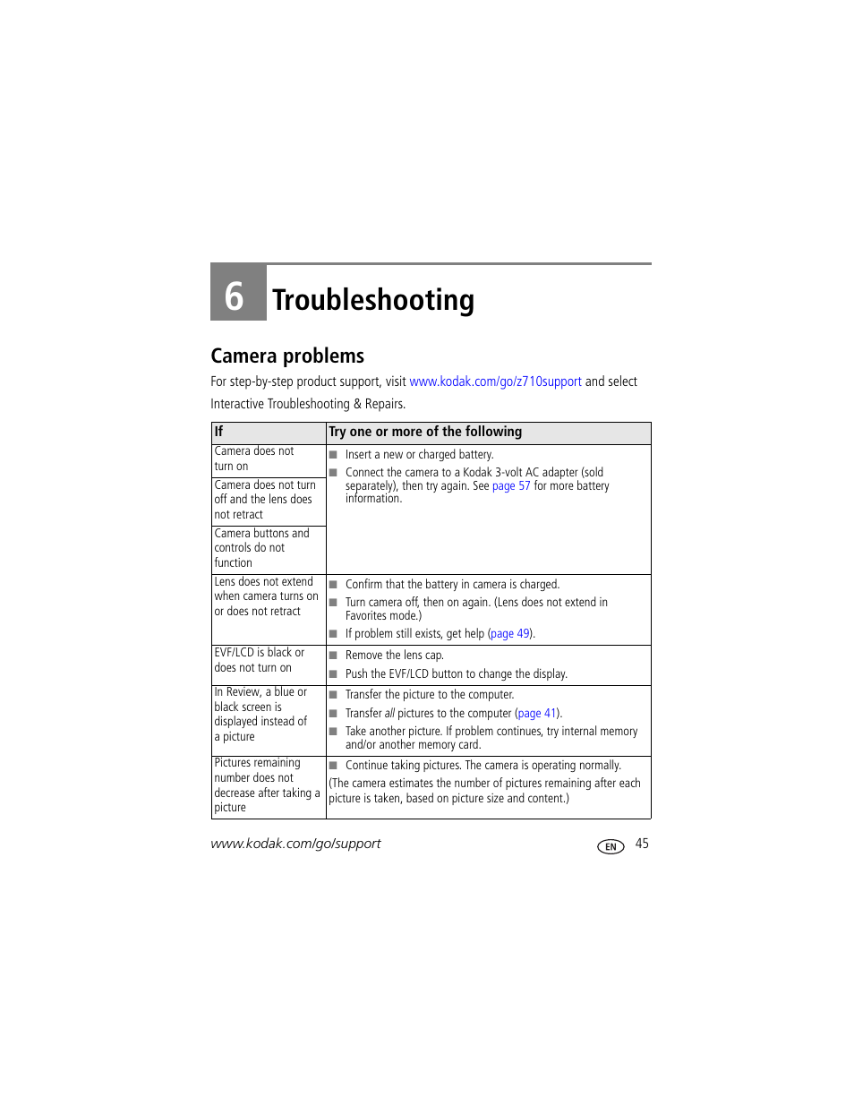 Troubleshooting, Camera problems, 6 troubleshooting | Kodak Z710 User Manual | Page 51 / 74