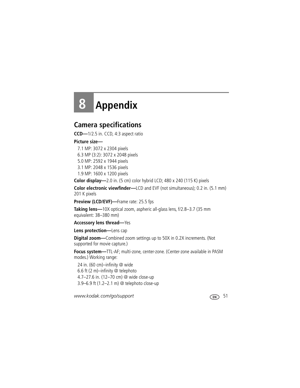 Appendix, Camera specifications, 8 appendix | Kodak Z710 User Manual | Page 57 / 74
