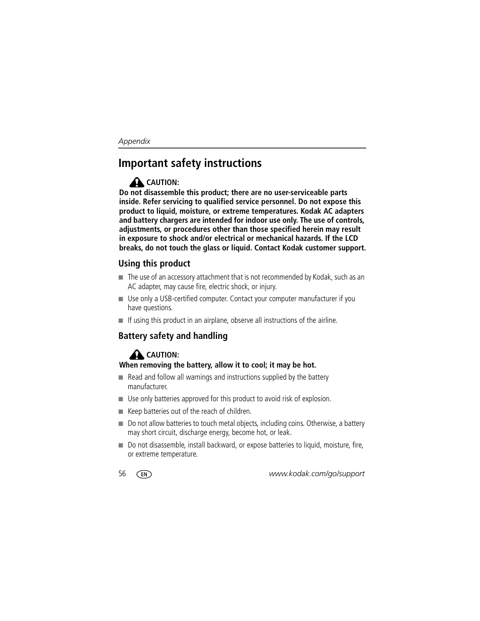 Important safety instructions, Using this product, Battery safety and handling | Kodak Z710 User Manual | Page 62 / 74