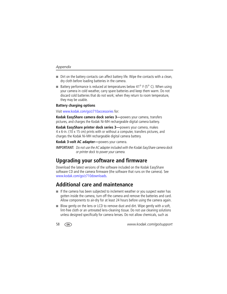Battery charging options, Upgrading your software and firmware, Additional care and maintenance | Kodak Z710 User Manual | Page 64 / 74