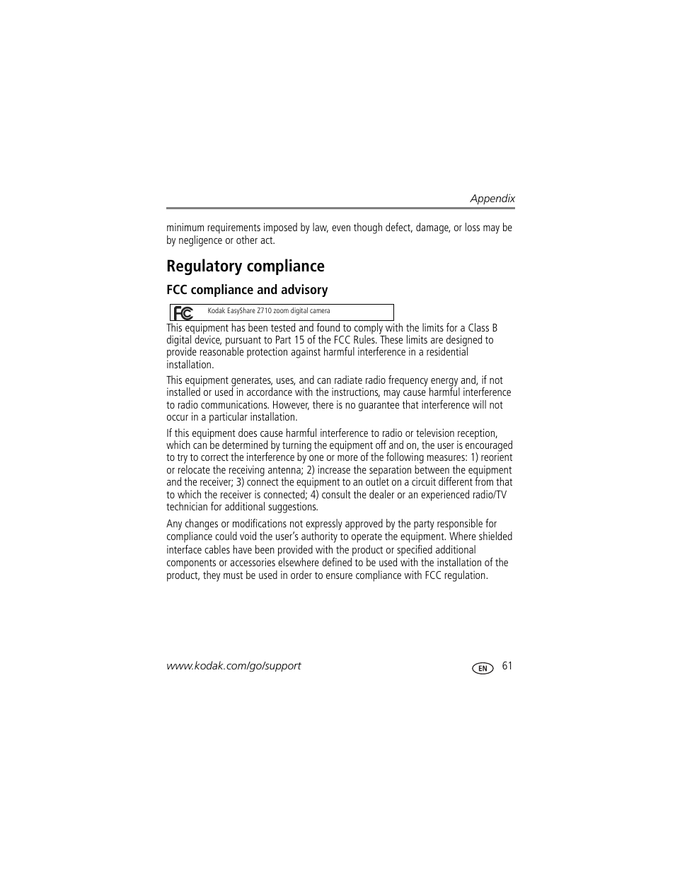 Regulatory compliance, Fcc compliance and advisory | Kodak Z710 User Manual | Page 67 / 74