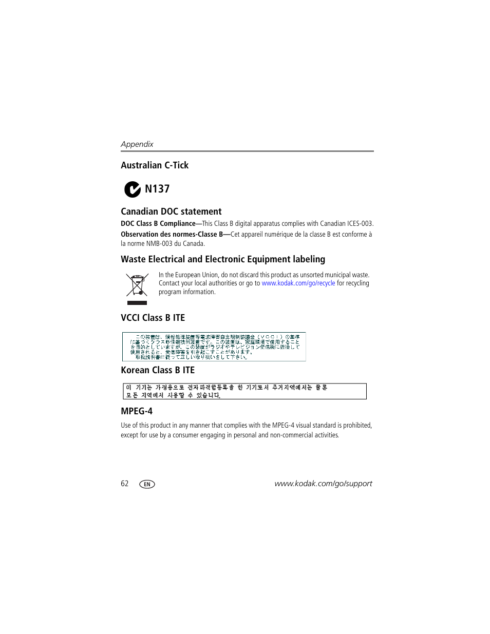 Australian c-tick, Canadian doc statement, Waste electrical and electronic equipment labeling | Vcci class b ite, Korean class b ite, Mpeg-4, N137 | Kodak Z710 User Manual | Page 68 / 74