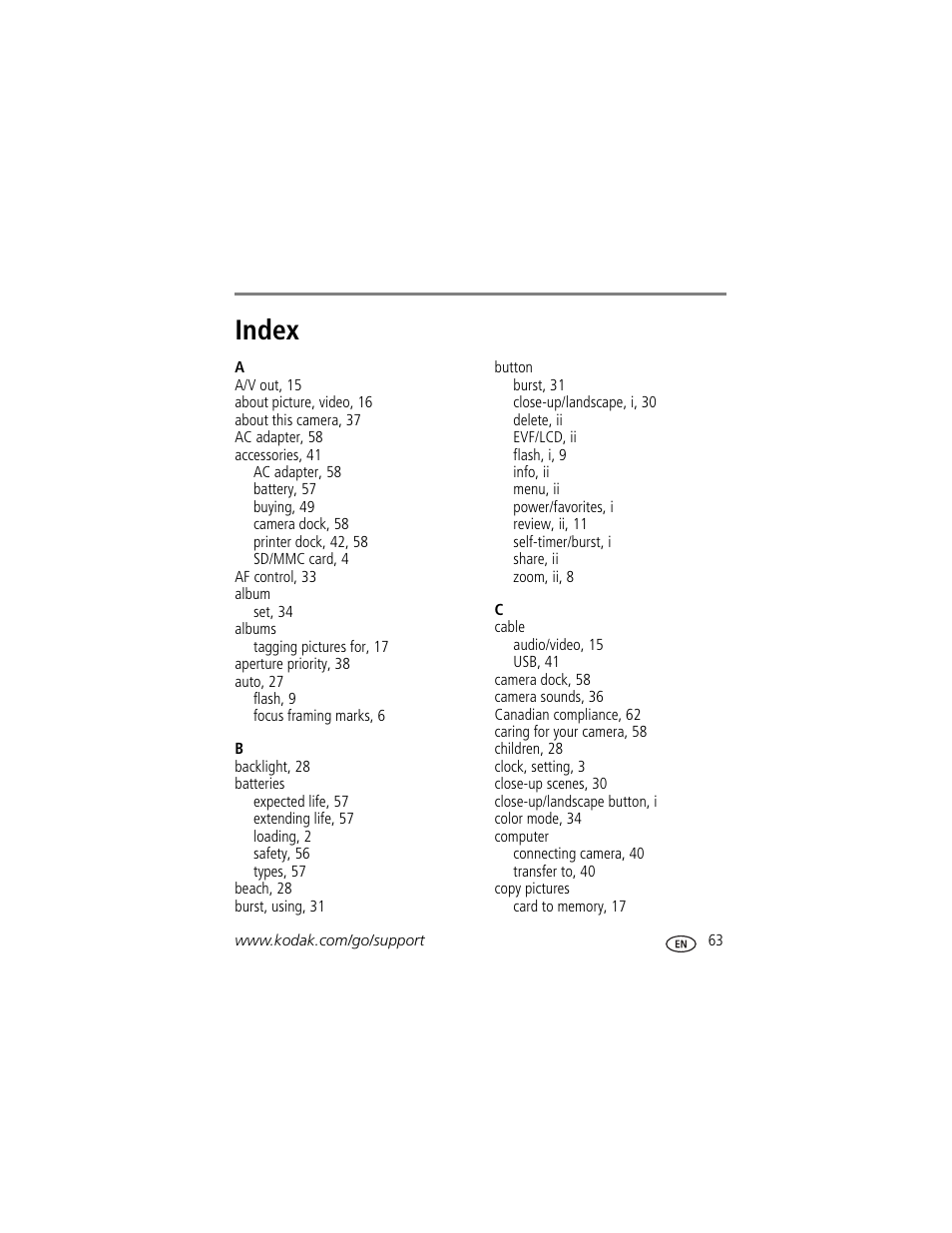 Index | Kodak Z710 User Manual | Page 69 / 74