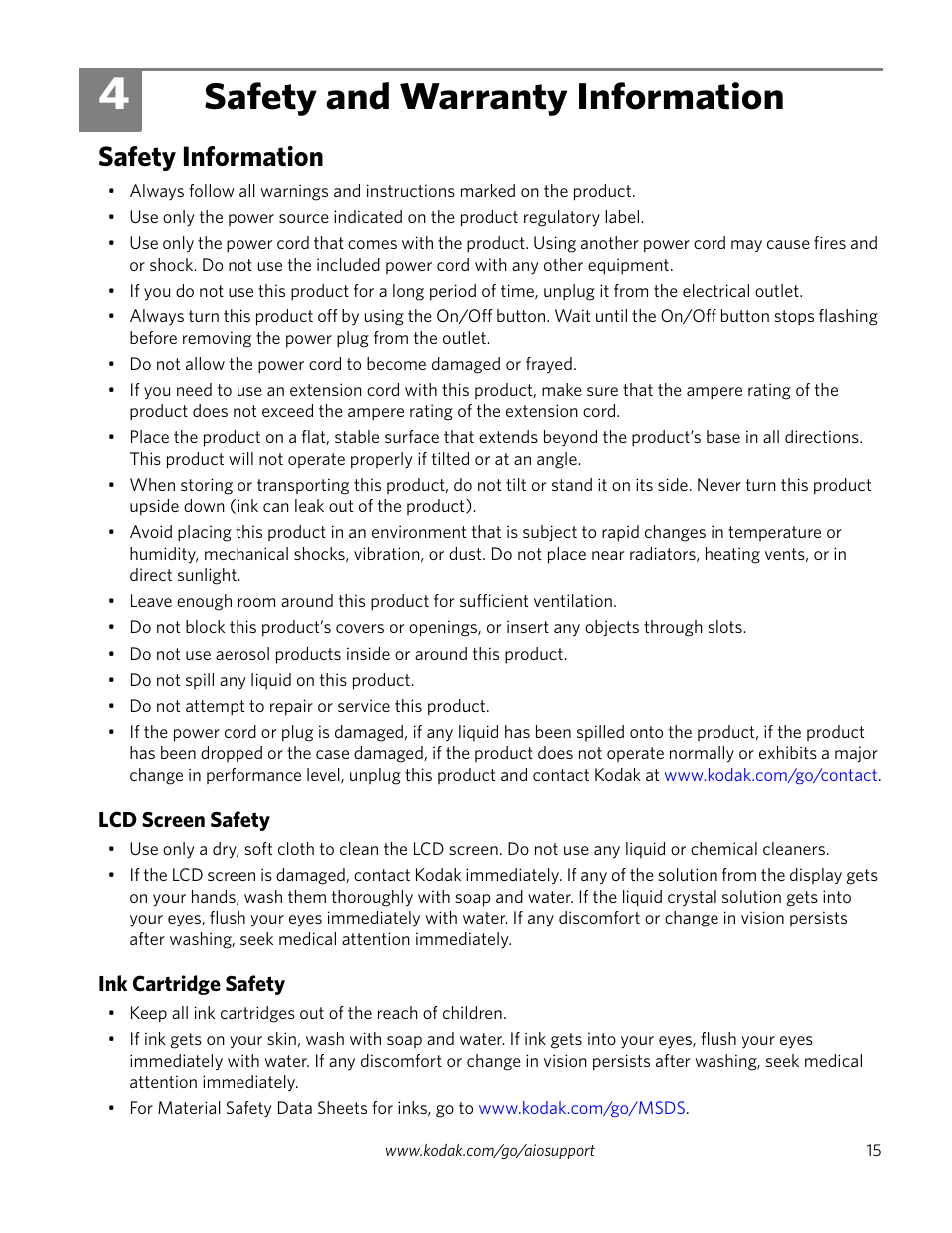 Safety and warranty information, Safety information, Lcd screen safety | Ink cartridge safety | Kodak ESP 5250 User Manual | Page 15 / 18