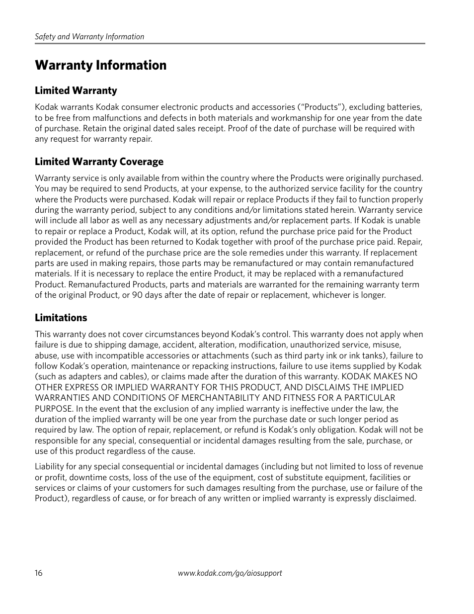 Warranty information, Limited warranty, Limited warranty coverage | Limitations | Kodak ESP 5250 User Manual | Page 16 / 18