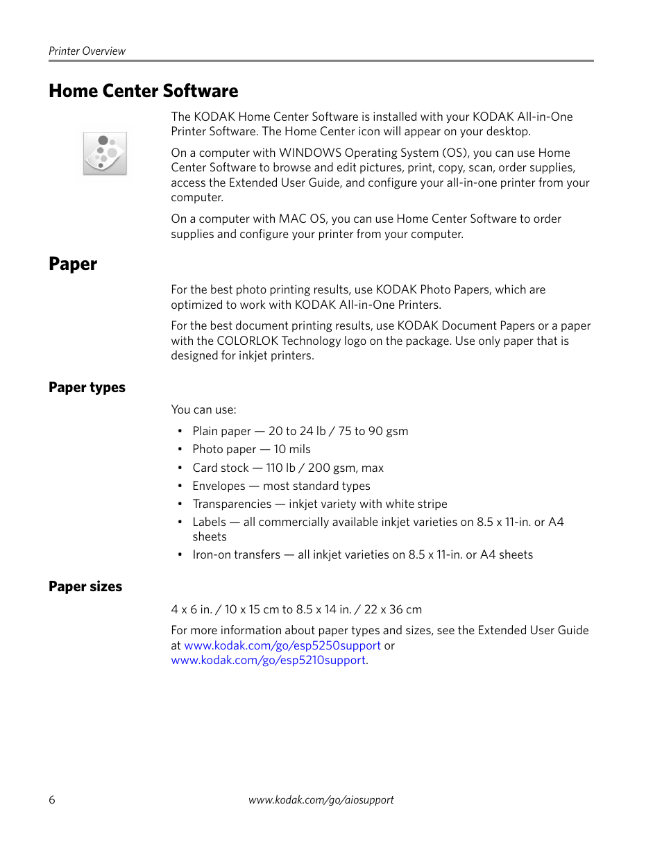 Home center software, Paper, Paper types | Paper sizes, Home center software paper | Kodak ESP 5250 User Manual | Page 6 / 18