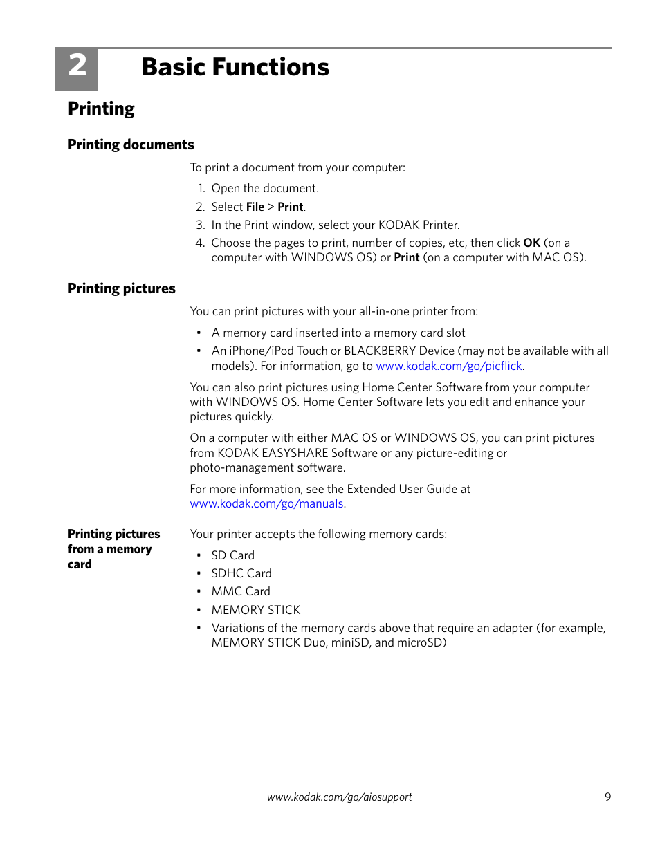 Basic functions, Printing, Printing documents | Printing pictures, Printing pictures from a memory card | Kodak ESP 5250 User Manual | Page 9 / 18