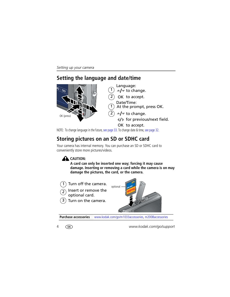 Storing pictures on an sd or sdhc card, Setting the language and date/time | Kodak M1033 User Manual | Page 10 / 72