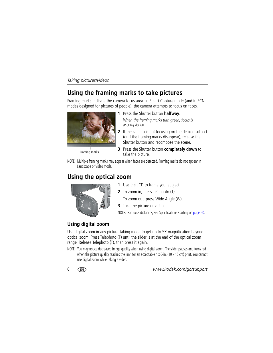 Using the optical zoom, Using digital zoom, Using the framing marks to take pictures | Kodak M1033 User Manual | Page 12 / 72