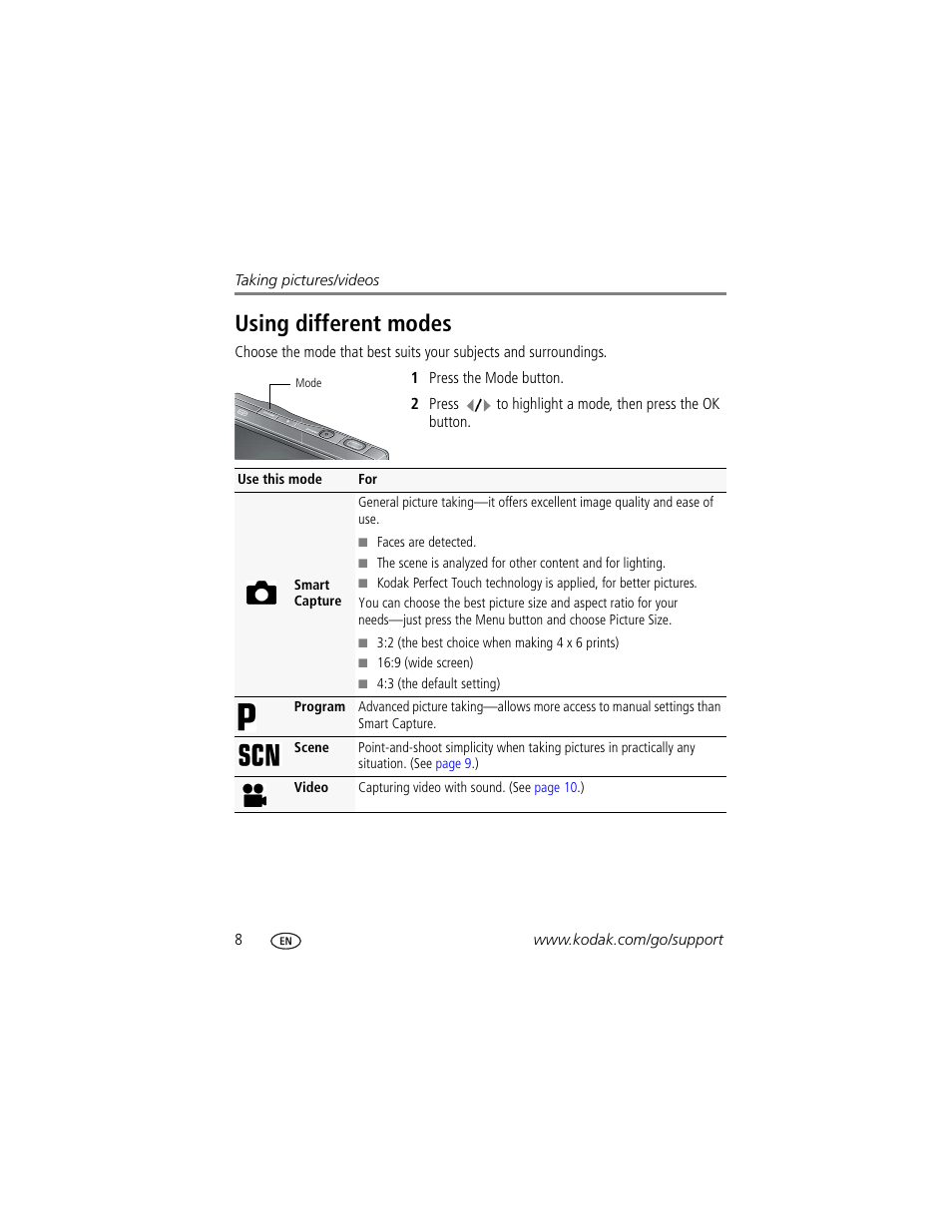 Using different modes | Kodak M1033 User Manual | Page 14 / 72