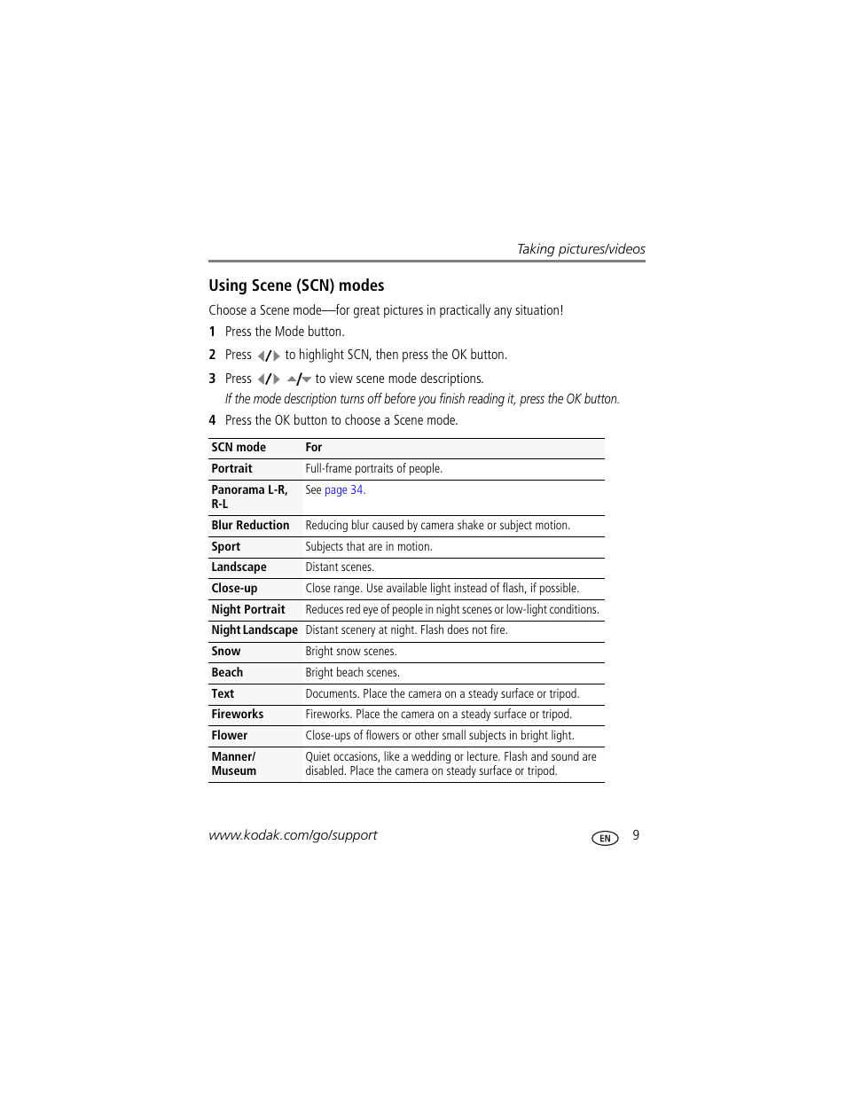 Using scene (scn) modes | Kodak M1033 User Manual | Page 15 / 72