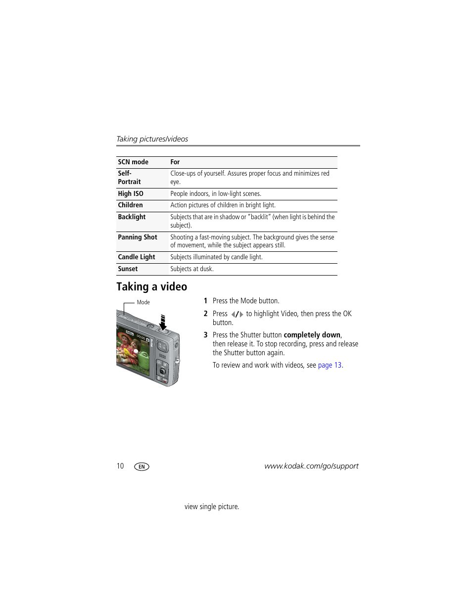 Taking a video | Kodak M1033 User Manual | Page 16 / 72