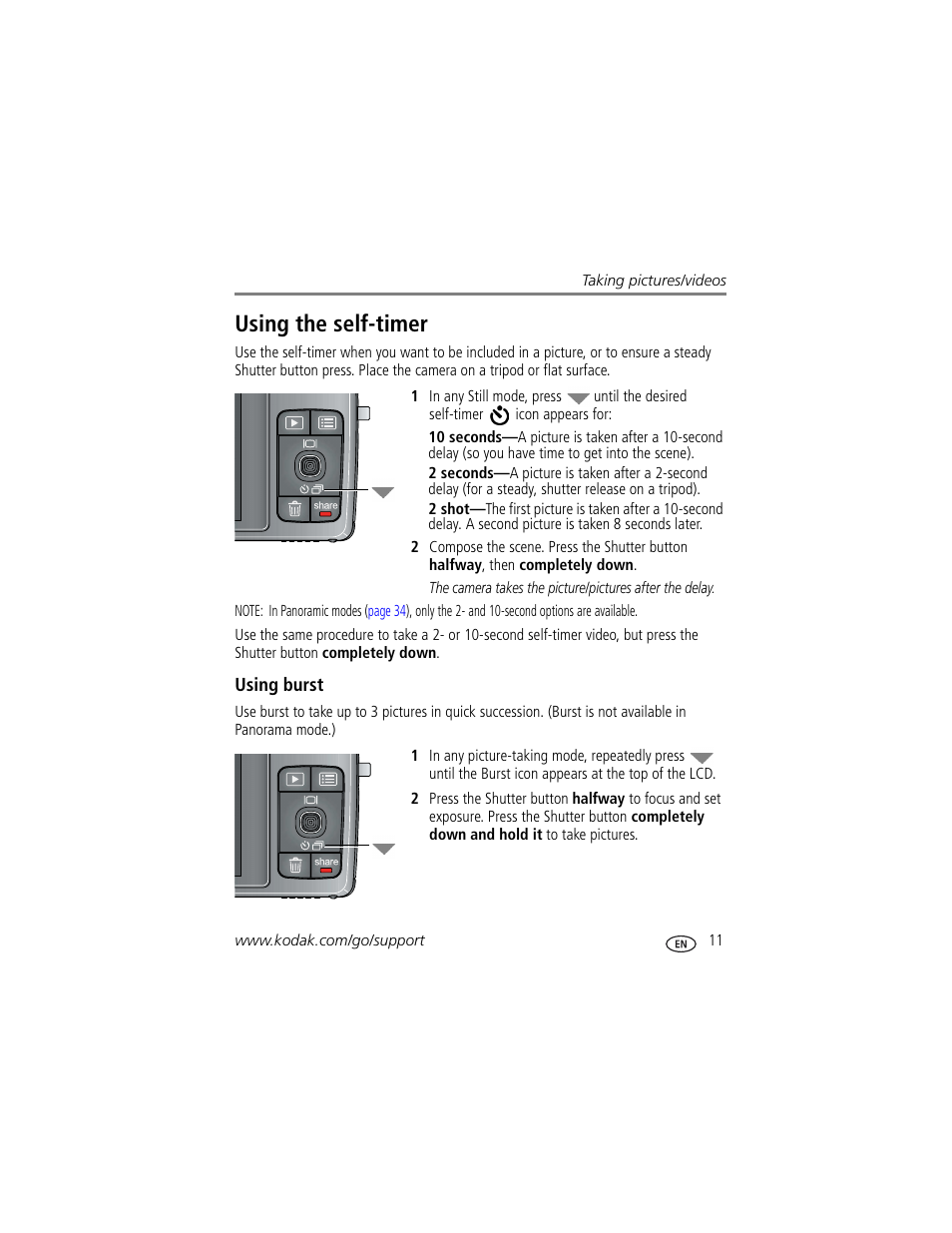 Using burst, Using the self-timer | Kodak M1033 User Manual | Page 17 / 72