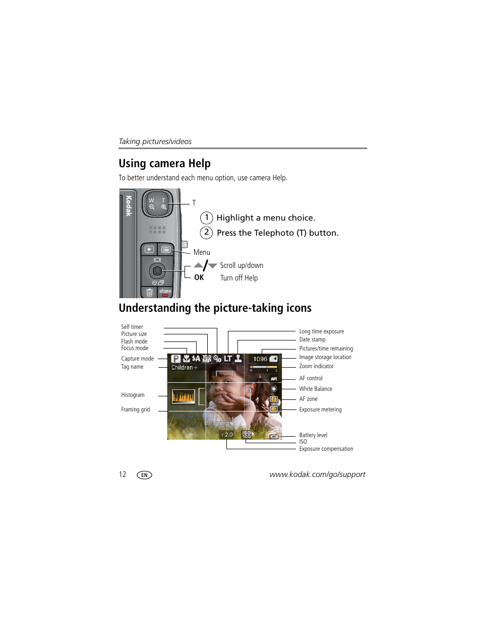Understanding the picture-taking icons, Using camera help | Kodak M1033 User Manual | Page 18 / 72