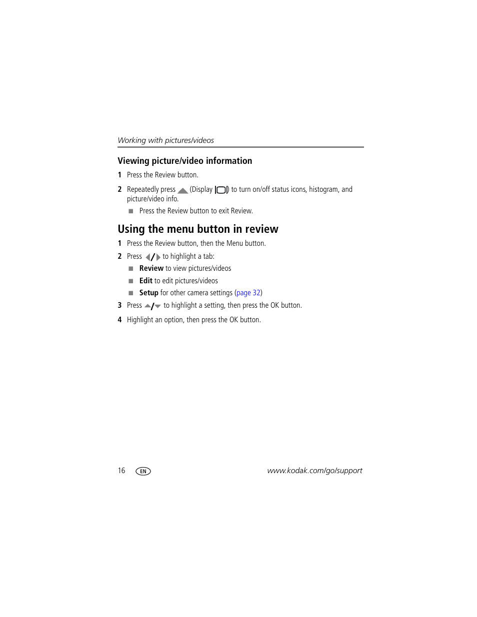 Viewing picture/video information, Using the menu button in review | Kodak M1033 User Manual | Page 22 / 72