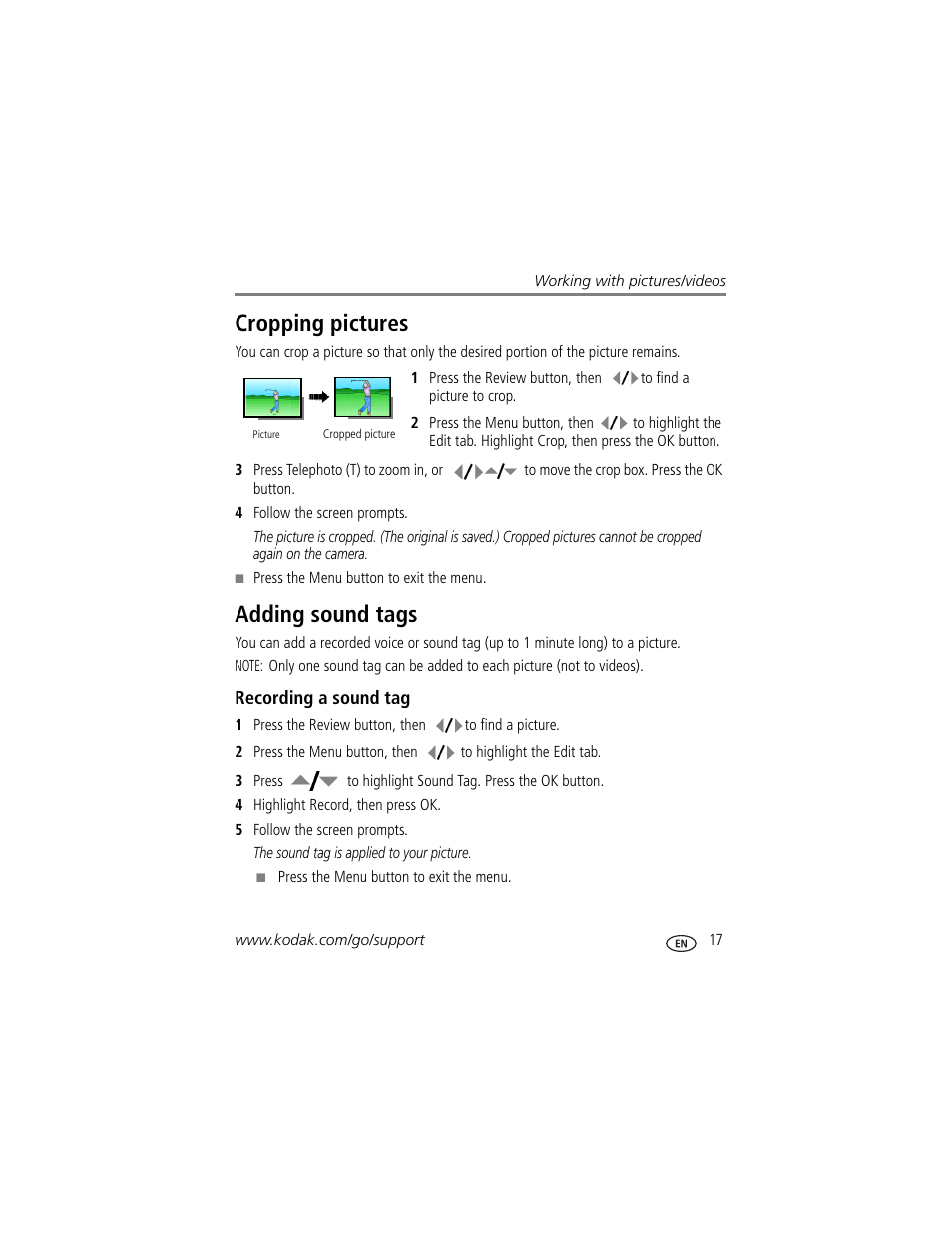 Adding sound tags, Recording a sound tag, Cropping pictures adding sound tags | Cropping pictures | Kodak M1033 User Manual | Page 23 / 72