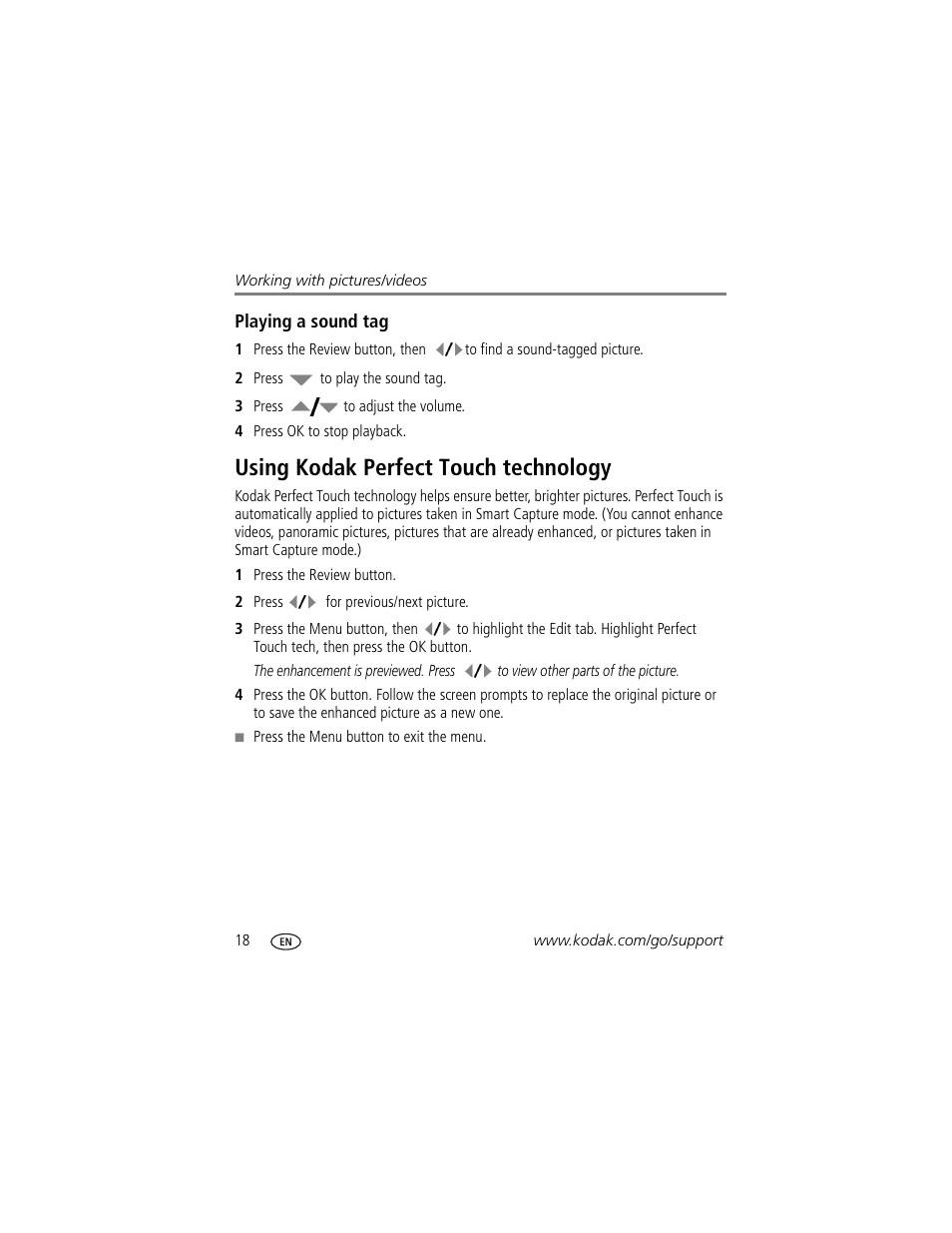 Playing a sound tag, Using kodak perfect touch technology | Kodak M1033 User Manual | Page 24 / 72